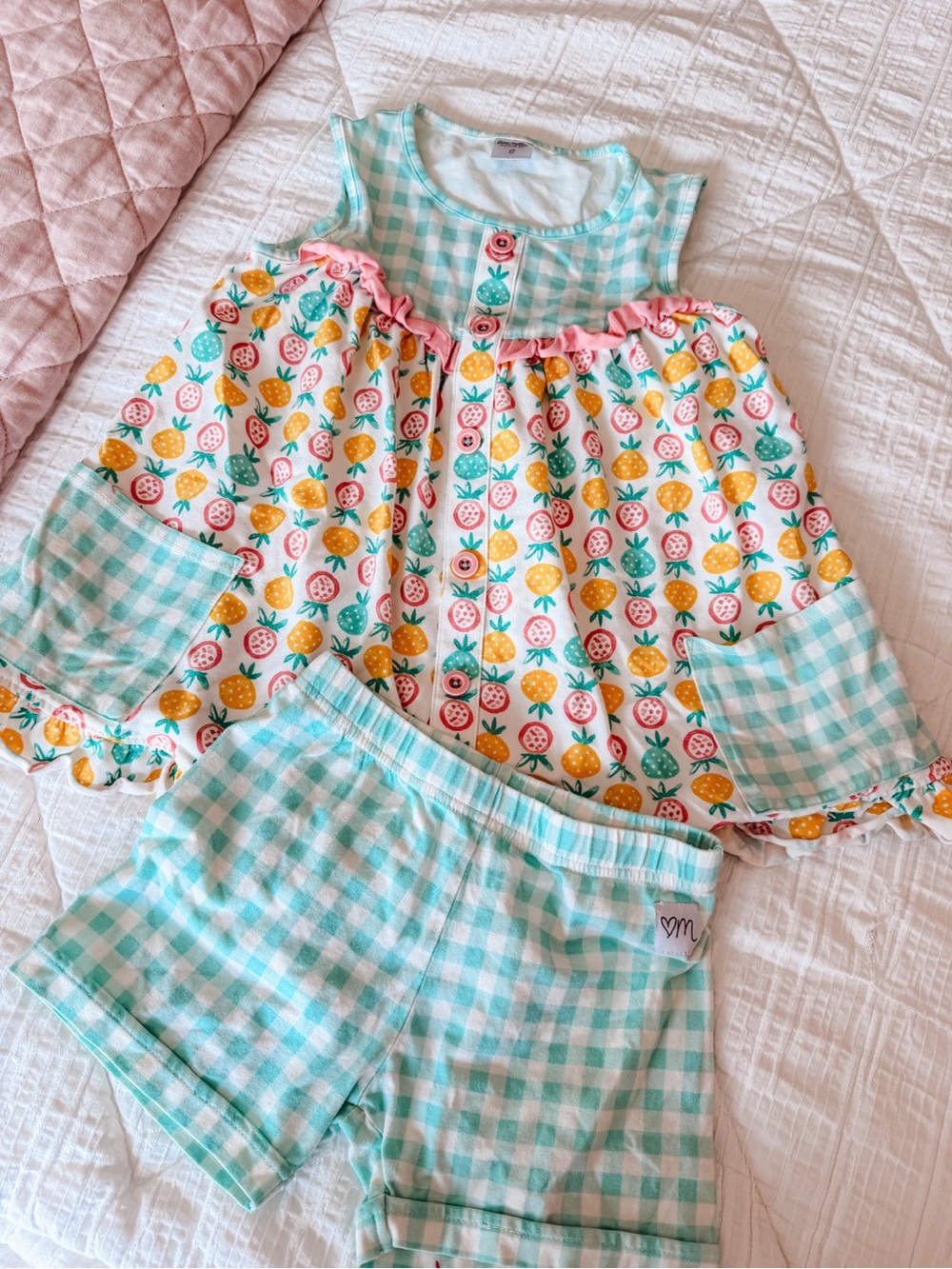 Girls Mint Gingham & Fruit Print Pajama Set by